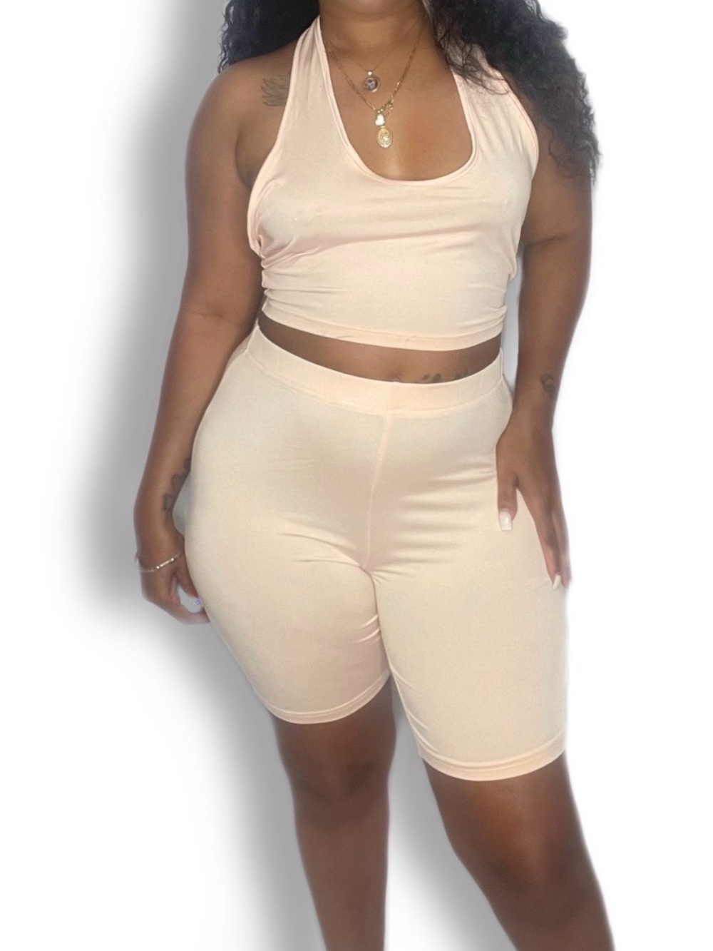 Women’s High-Waist Cream Biker Short Set